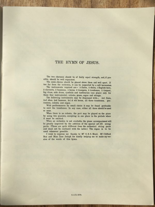 Holst: The Hymn of Jesus from Apocryphal Acts of St. John for two choruses, semi-chorus and full orchestra, op 37 (1919)